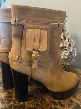 Yoki Tan Suede Platform Block Heel Ankle Boots with Buckle Pocket